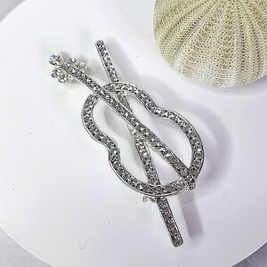 Silver and Crystal Violin Instrument Brooch Pin